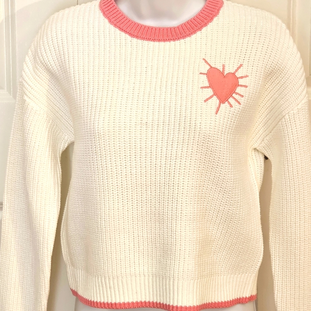 Kerri Rosenthal White & Pink Trim Heart Crew Neck Sweater
